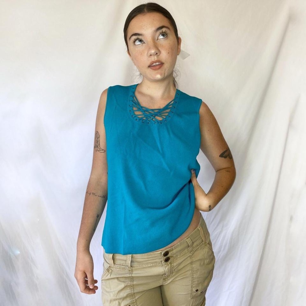 CABLE & GAUGE blue lace up tank